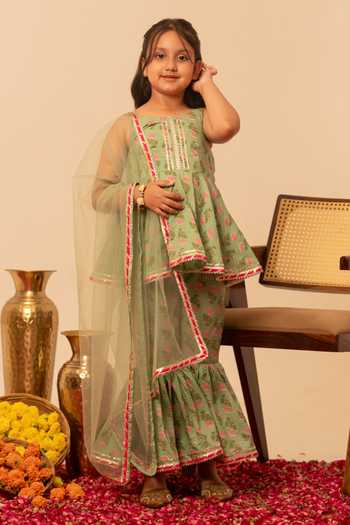 Pomcha Jaipur Block Print Kurta Sharara Set