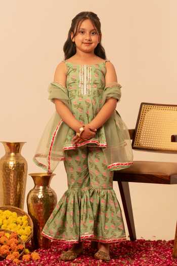 Shop_Pomcha Jaipur_Green Cotton, Net Block Print Kurta Sharara Set _Online_at_Aza_Fashions