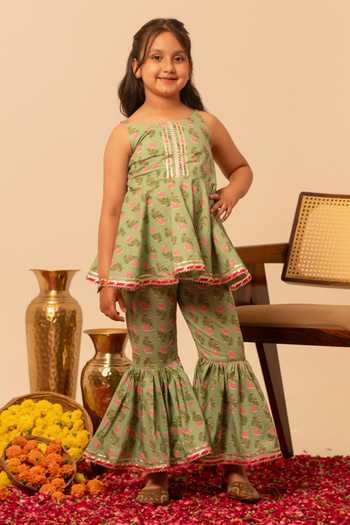 Pomcha Jaipur_Green Cotton, Net Block Print Kurta Sharara Set _at_Aza_Fashions