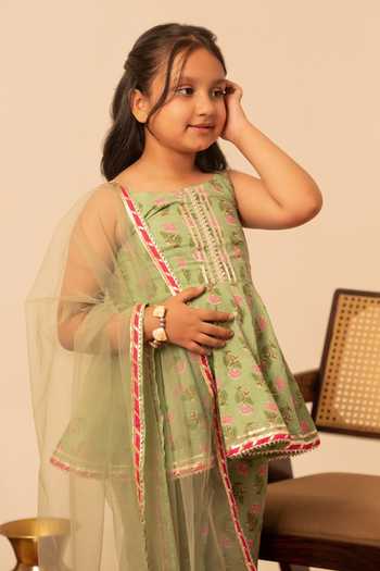 Buy_Pomcha Jaipur_Green Cotton, Net Block Print Kurta Sharara Set 
