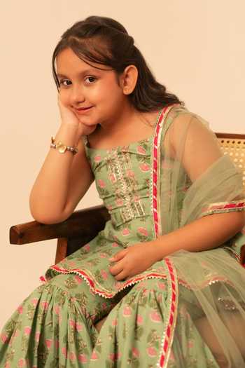 Shop_Pomcha Jaipur_Green Cotton, Net Block Print Kurta Sharara Set 
