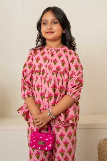 Shop Pomcha Jaipur Pink Cotton Candy Blossom Print Top And Pant Online at Aza Fashions Shop_Pomcha Jaipur_Pink Cotton Candy Blossom Print Top And Pant _Online_at_Aza_Fashions