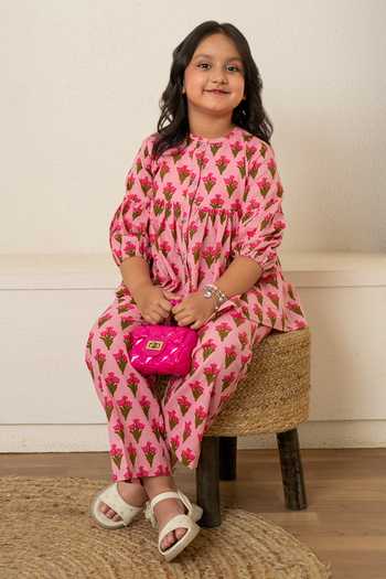 Shop Pomcha Jaipur Pink Cotton Candy Blossom Print Top And Pant Shop_Pomcha Jaipur_Pink Cotton Candy Blossom Print Top And Pant