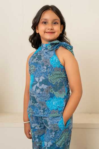 Shop_Pomcha Jaipur_Blue Cotton Block Print Top With Pant _Online_at_Aza_Fashions