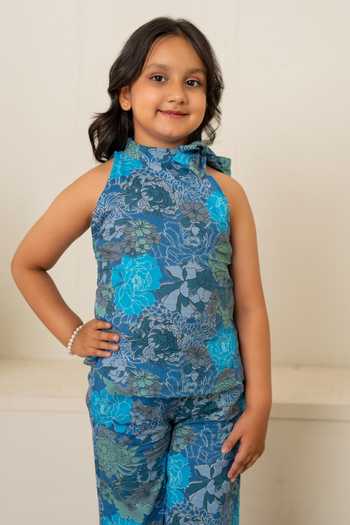 Pomcha Jaipur_Blue Cotton Block Print Top With Pant _at_Aza_Fashions
