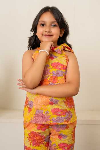 Shop Pomcha Jaipur Yellow Cotton Floral Print Top With Pant Shop_Pomcha Jaipur_Yellow Cotton Floral Print Top With Pant