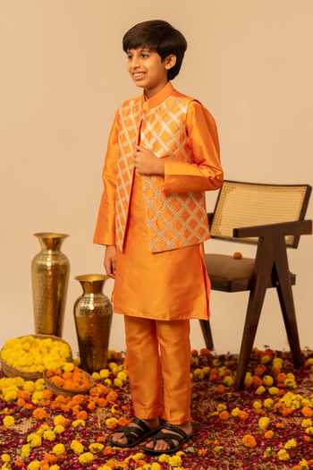 Shop_Pomcha Jaipur_Orange Taffeta Gota Patti Embroidered Bundi Kurta Set _Online_at_Aza_Fashions