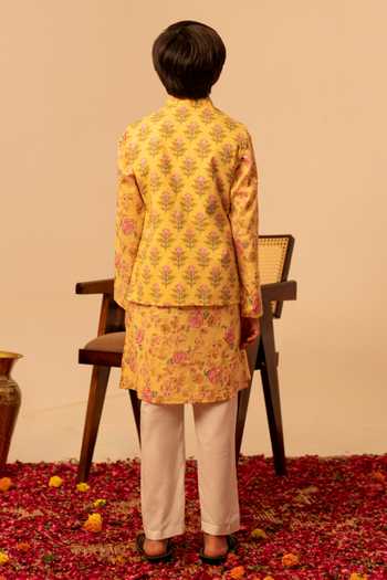 Pomcha Jaipur Cotton Block Print Bundi Kurta Set 