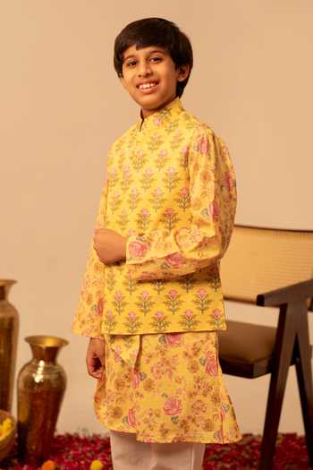Shop_Pomcha Jaipur_Yellow Cotton Block Print Bundi Kurta Set _Online_at_Aza_Fashions