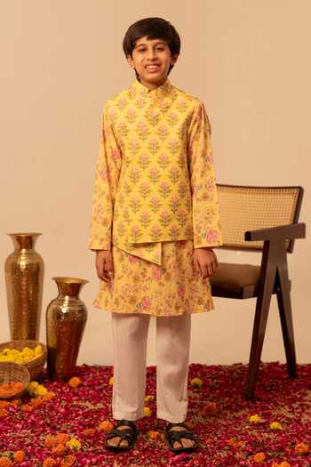 Pomcha Jaipur Cotton Block Print Bundi Kurta Set 