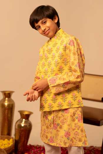 Buy_Pomcha Jaipur_Yellow Cotton Block Print Bundi Kurta Set 