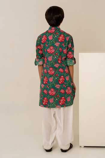 Pomcha Jaipur Cotton Hand Block Print Kurta Set 