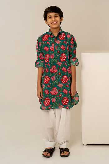 Shop_Pomcha Jaipur_Green Cotton Hand Block Print Kurta Set _Online_at_Aza_Fashions