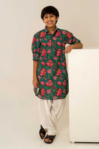 Pomcha Jaipur Cotton Hand Block Print Kurta Set 