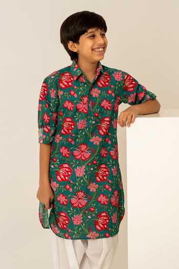 Buy_Pomcha Jaipur_Green Cotton Hand Block Print Kurta Set 
