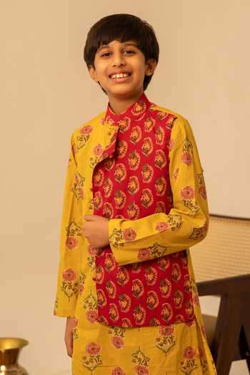Buy_Pomcha Jaipur_Yellow Cotton Block Print Kurta Set _Online_at_Aza_Fashions