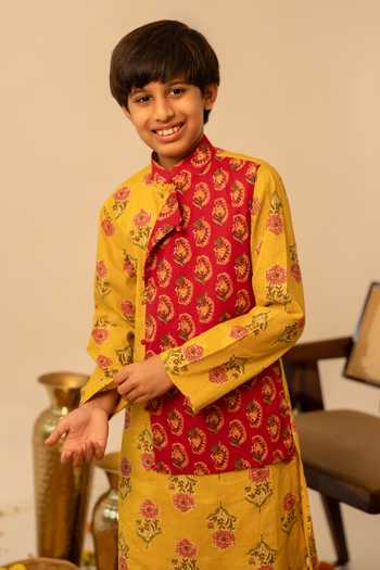 Shop_Pomcha Jaipur_Yellow Cotton Block Print Kurta Set _Online_at_Aza_Fashions