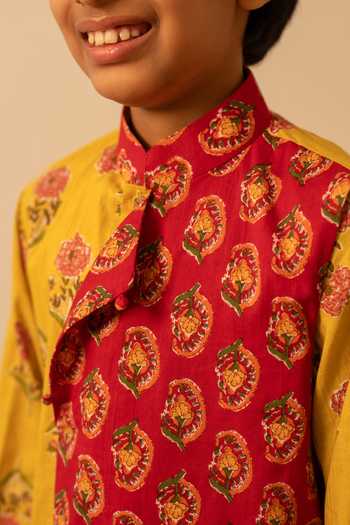 Buy_Pomcha Jaipur_Yellow Cotton Block Print Kurta Set 