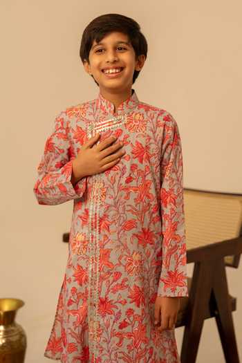 Buy_Pomcha Jaipur_Grey Cotton Block Print Kurta Set _Online_at_Aza_Fashions