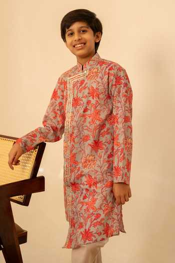 Shop_Pomcha Jaipur_Grey Cotton Block Print Kurta Set _Online_at_Aza_Fashions