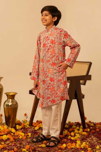 Buy_Pomcha Jaipur_Grey Cotton Block Print Kurta Set 