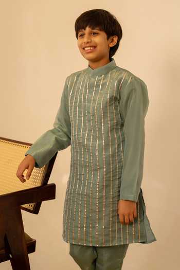 Pomcha Jaipur_Blue Gota Patti Work Kurta Set _Online_at_Aza_Fashions