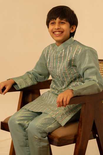 Shop_Pomcha Jaipur_Blue Gota Patti Work Kurta Set _Online_at_Aza_Fashions