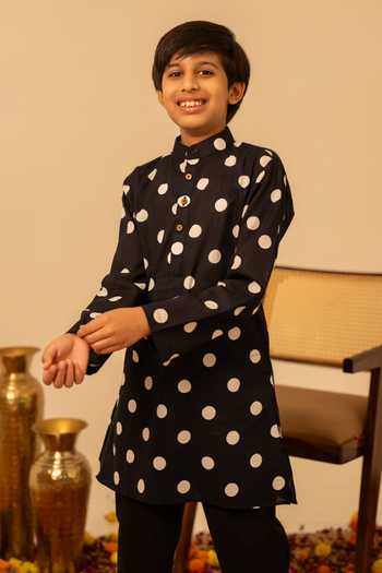 Buy_Pomcha Jaipur_Black Cotton Polka Dot Print Kurta Set _Online_at_Aza_Fashions