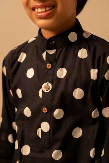 Shop_Pomcha Jaipur_Black Cotton Polka Dot Print Kurta Set _Online_at_Aza_Fashions