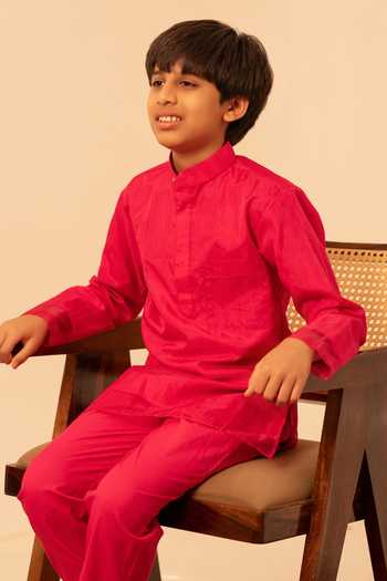 Shop Pomcha Jaipur Pink Organza, Cotton Kurta And Pant Set Shop_Pomcha Jaipur_Pink Organza, Cotton Kurta And Pant Set
