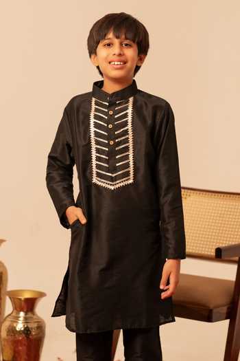Shop Pomcha Jaipur Black Silk, Cotton Kurta Set Online at Aza Fashions Shop_Pomcha Jaipur_Black Silk, Cotton Kurta Set _Online_at_Aza_Fashions