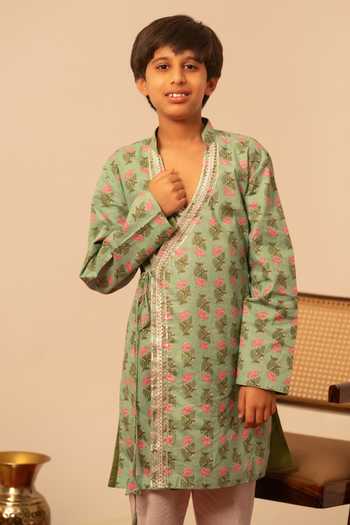 Buy Pomcha Jaipur Green Cotton Block Print Kurta Set Buy_Pomcha Jaipur_Green Cotton Block Print Kurta Set