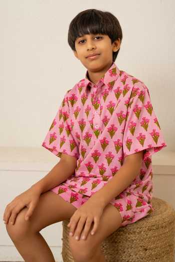 Shop_Pomcha Jaipur_Pink Cotton Hand Block Print Shirt And Shorts _Online_at_Aza_Fashions