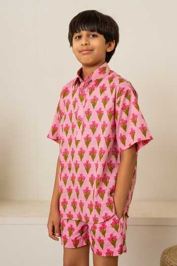 Pomcha Jaipur_Pink Cotton Hand Block Print Shirt And Shorts _at_Aza_Fashions