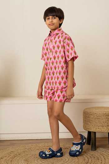 Buy_Pomcha Jaipur_Pink Cotton Hand Block Print Shirt And Shorts 
