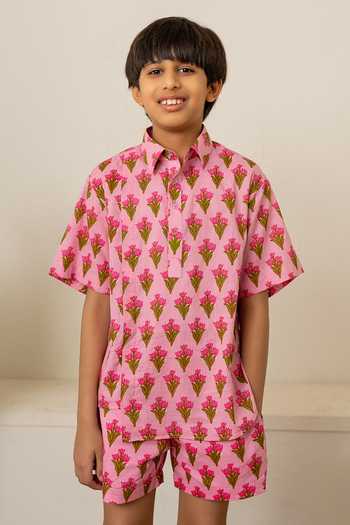 Shop_Pomcha Jaipur_Pink Cotton Hand Block Print Shirt And Shorts 