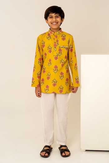 Buy_Pomcha Jaipur_Yellow Cotton Floral Print Kurta Set 