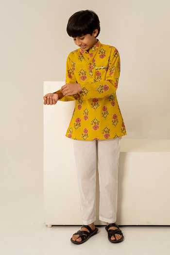 Shop_Pomcha Jaipur_Yellow Cotton Floral Print Kurta Set 