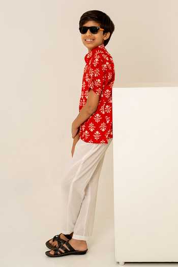 Buy_Pomcha Jaipur_Red Cotton Print Shirt With Pant _Online_at_Aza_Fashions
