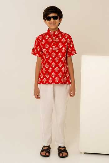 Shop_Pomcha Jaipur_Red Cotton Print Shirt With Pant _Online_at_Aza_Fashions