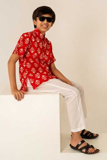 Pomcha Jaipur_Red Cotton Print Shirt With Pant _at_Aza_Fashions