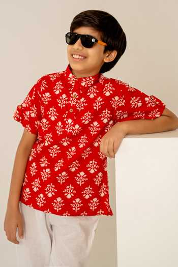 Buy_Pomcha Jaipur_Red Cotton Print Shirt With Pant 