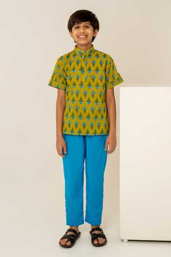 Buy_Pomcha Jaipur_Green Cotton Print Shirt With Pant _Online_at_Aza_Fashions