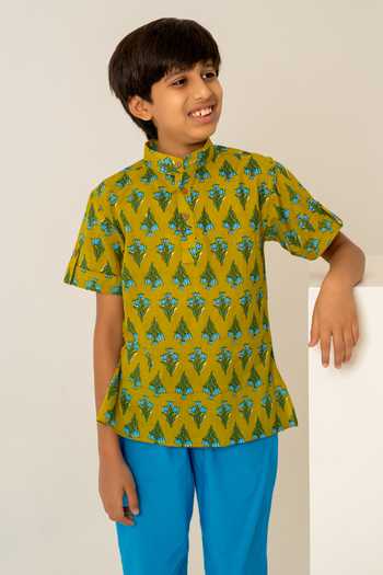 Shop_Pomcha Jaipur_Green Cotton Print Shirt With Pant _Online_at_Aza_Fashions