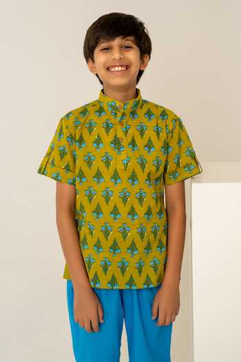 Pomcha Jaipur_Green Cotton Print Shirt With Pant _at_Aza_Fashions