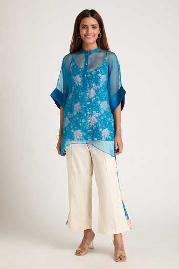 Priya Chaudhary Blue Organza, Rayon Mandarin Collar Shirt With Printed Slip Top Online at Aza Fashions Priya Chaudhary_Blue Organza, Rayon Mandarin Collar Shirt With Printed Slip Top _Online_at_Aza_Fashions