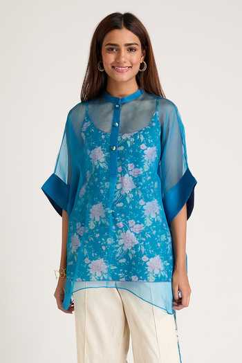 Buy Priya Chaudhary Blue Organza, Rayon Mandarin Collar Shirt With Printed Slip Top Online at Aza Fashions Buy_Priya Chaudhary_Blue Organza, Rayon Mandarin Collar Shirt With Printed Slip Top _Online_at_Aza_Fashions