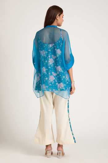 Shop Priya Chaudhary Blue Organza, Rayon Mandarin Collar Shirt With Printed Slip Top Online at Aza Fashions Shop_Priya Chaudhary_Blue Organza, Rayon Mandarin Collar Shirt With Printed Slip Top _Online_at_Aza_Fashions