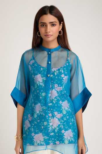 Shop Priya Chaudhary Blue Organza, Cotton, Rayon Mandarin Collar Shirt With Pant Set Shop_Priya Chaudhary_Blue Organza, Cotton, Rayon Mandarin Collar Shirt With Pant Set