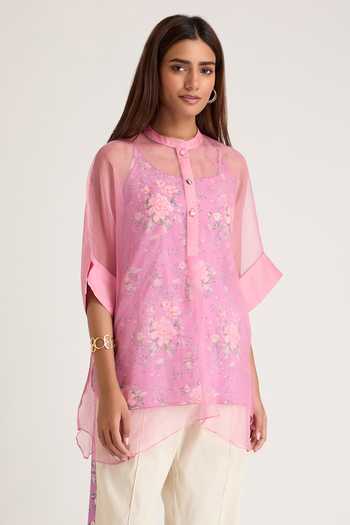Shop Priya Chaudhary Pink Organza, Rayon Mandarin Collar Sheer Shirt And Printed Slip Top Set Shop_Priya Chaudhary_Pink Organza, Rayon Mandarin Collar Sheer Shirt And Printed Slip Top Set